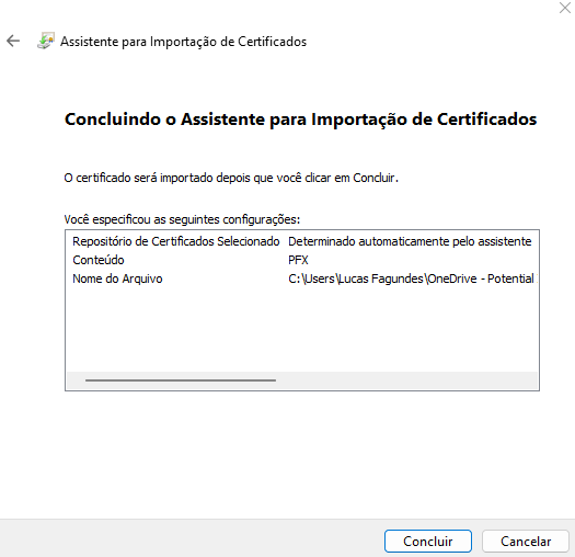 Tela final do assistente de importação de certificados com o botão Concluir.