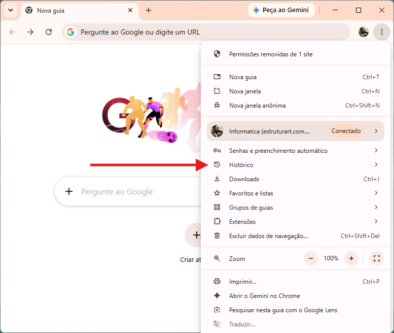 Menu do Chrome aberto, com a opção Histórico destacada.