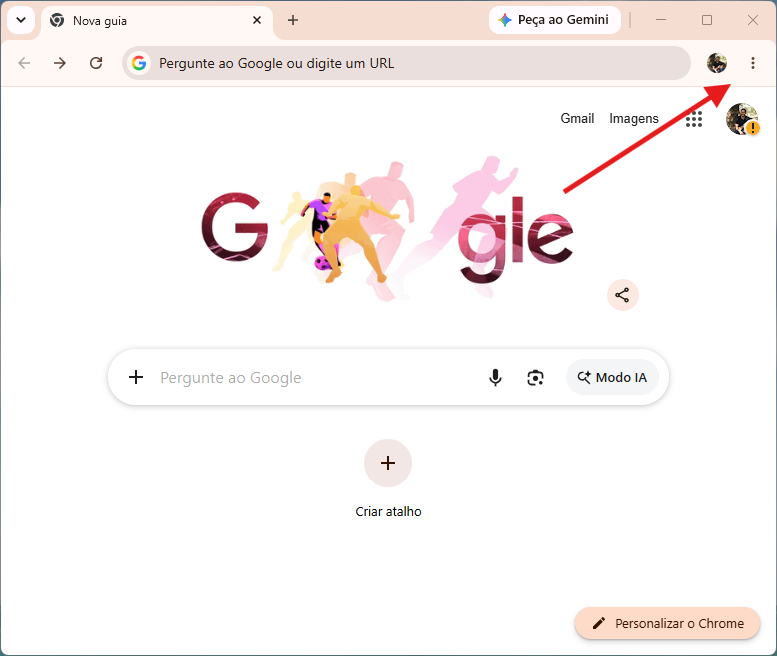 Botão de menu do Google Chrome, representado por três pontos no canto superior direito da janela.