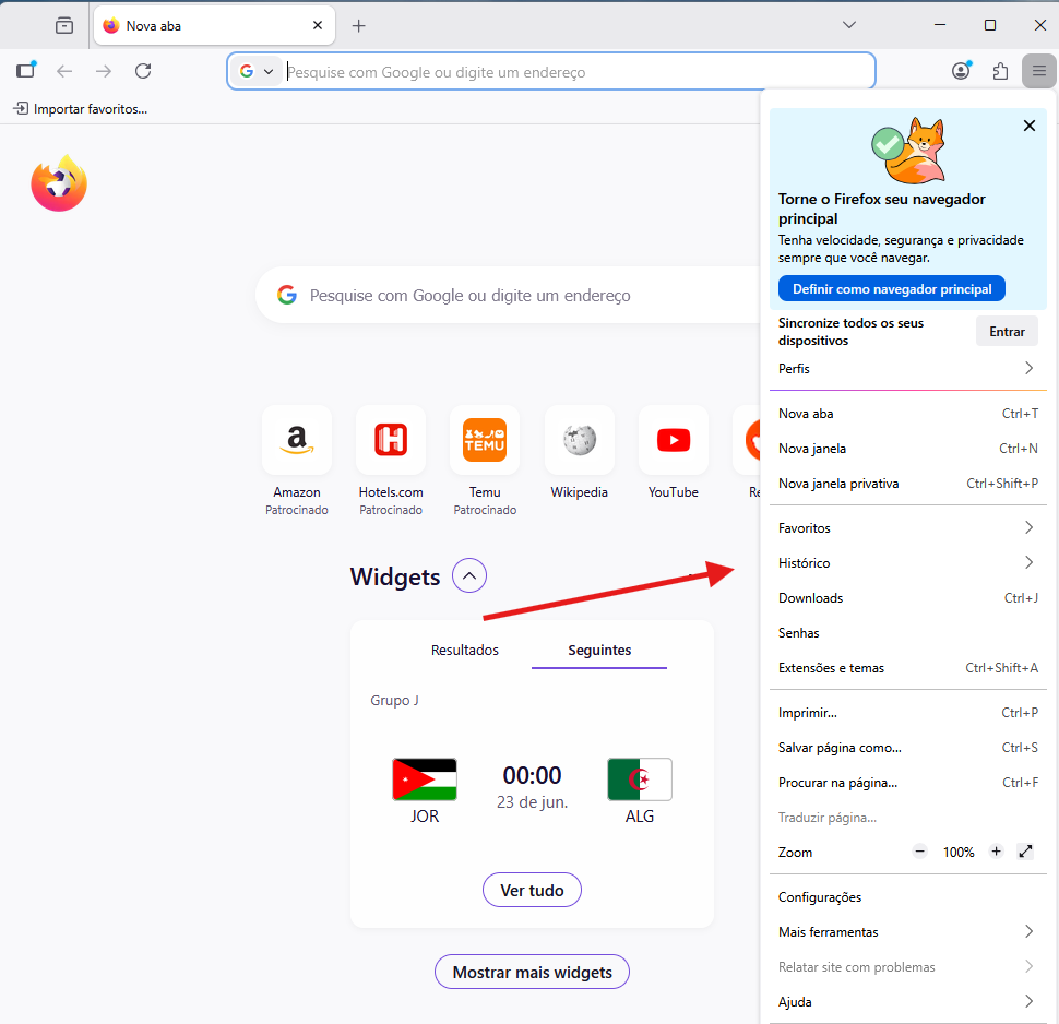 Menu do Mozilla Firefox aberto, com a opção Histórico destacada.