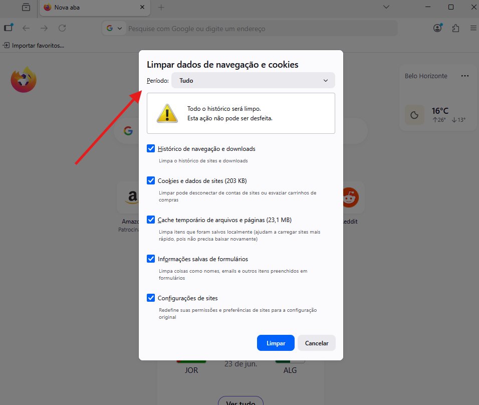 Janela de limpeza do Mozilla Firefox com 'Tudo' selecionado no campo Período e todas as caixas de seleção marcadas, com o botão Limpar.